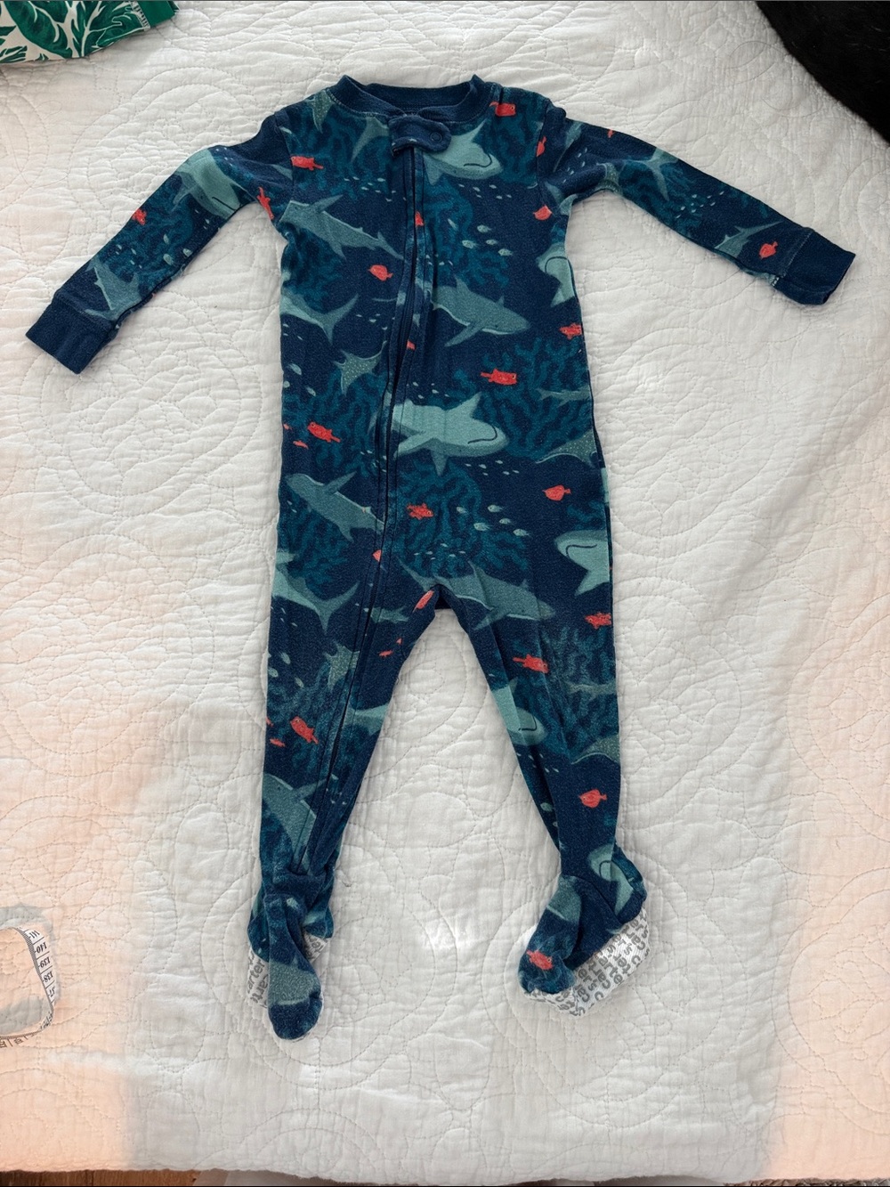 Kids Navy Shark-Print Footed One-Piece Pajamas
